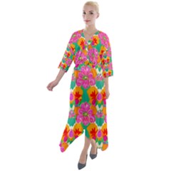 Retro 40s 50s Mexico Flowers Pattern Quarter Sleeve Wrap Front Maxi Dress by violetheavensky