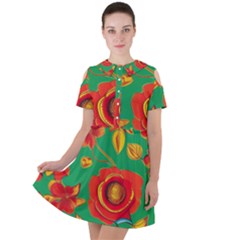 Mid Century Retro Floral 1970s 1960s Pattern 89 Short Sleeve Shoulder Cut Out Dress  by violetheavensky
