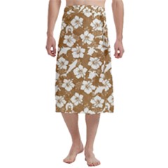 White Hibiscus Flowers With Dhari, Shark, Turtle, And Stingray (brown) On Traditional Men s Hawaiian Lavalava by ZenadthKesAcademy2025