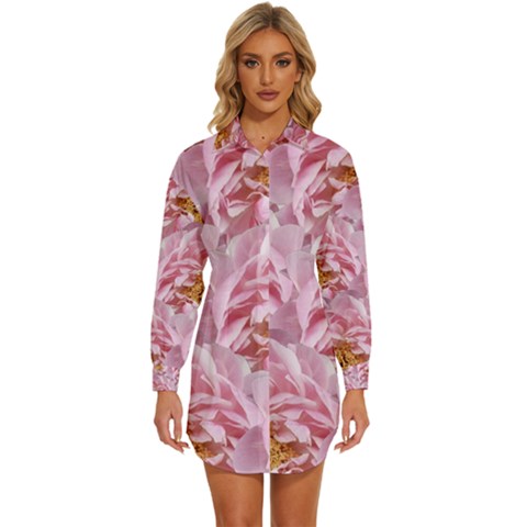 Peonies Nature Bloom Blossom Pink Womens Long Sleeve Shirt Dress by Tsamara