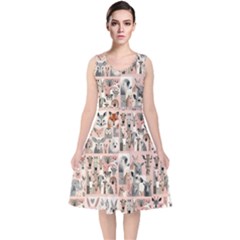 Mix Animals V-neck Midi Sleeveless Dress  by DinkovaArt