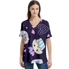 Cupcake Doodle Heart Love V-neck Split Shoulder Casual T-shirt by Posterlux