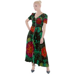 Mid Century Retro Floral 1970s 1960s Pattern 72 Button Up Short Sleeve Maxi Dress by violetheavensky