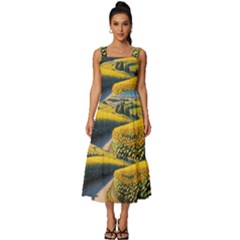Sunflowers Flowers Nature Square Neckline Tiered Midi Dress by Anend
