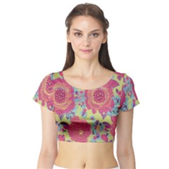 Mid Century Retro Floral 1970s 1960s Pattern 82 Short Sleeve Crop Top by violetheavensky