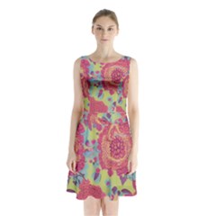 Mid Century Retro Floral 1970s 1960s Pattern 82 Sleeveless Waist Tie Chiffon Dress by violetheavensky
