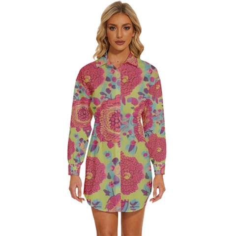 Mid Century Retro Floral 1970s 1960s Pattern 82 Womens Long Sleeve Shirt Dress by violetheavensky
