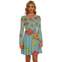 Mid Century Retro Floral 1970s 1960s Pattern 78 Long Sleeve Wide Neck Velvet Dress by violetheavensky