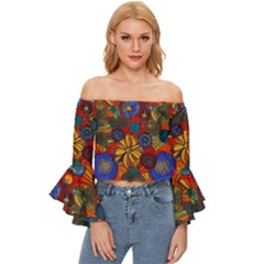 Mid Century Retro Floral 1970s 1960s Pattern 69 Off Shoulder Flutter Bell Sleeve Top by violetheavensky