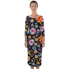 Mid Century Retro Floral 1970s 1960s Pattern 57 Quarter Sleeve Midi Bodycon Dress by violetheavensky