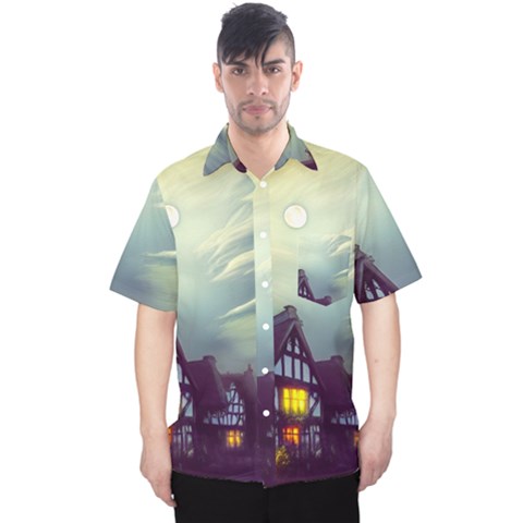 Village Moon Cloudy Historical Tudor Architecture Houses Town Night Windows City Men s Hawaii Shirt by Posterlux