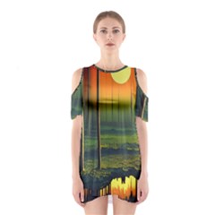 Outdoors Night Moon Full Moon Trees Setting Scene Forest Woods Light Moonlight Nature Wilderness Lan Shoulder Cutout One Piece Dress by Posterlux