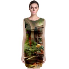 Room Interior Library Books Bookshelves Reading Literature Study Fiction Old Manor Book Nook Reading Sleeveless Velvet Midi Dress by Posterlux