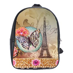 Fuschia Flowers Butterfly Eiffel Tower Vintage Paris Fashion School Bag (large) by chicelegantboutique