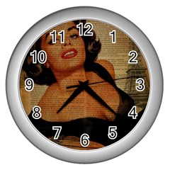 Vintage Newspaper Print Pin Up Girl Paris Eiffel Tower Wall Clock (silver) by chicelegantboutique