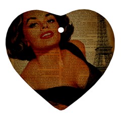 Vintage Newspaper Print Pin Up Girl Paris Eiffel Tower Heart Ornament (two Sides) by chicelegantboutique