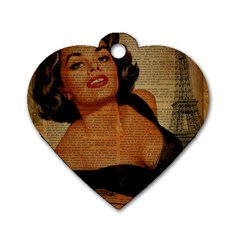 Vintage Newspaper Print Pin Up Girl Paris Eiffel Tower Dog Tag Heart (one Sided)  by chicelegantboutique