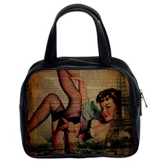 Vintage Newspaper Print Sexy Hot Pin Up Girl Paris Eiffel Tower Classic Handbag (two Sides) by chicelegantboutique