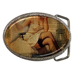 Vintage Newspaper Print Sexy Hot Gil Elvgren Pin Up Girl Paris Eiffel Tower Belt Buckle (oval) by chicelegantboutique