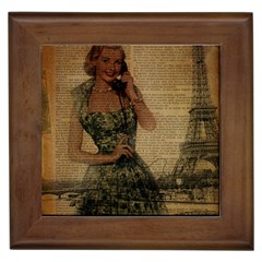 Retro Telephone Lady Vintage Newspaper Print Pin Up Girl Paris Eiffel Tower Framed Ceramic Tile by chicelegantboutique