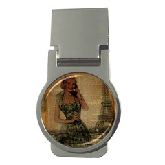 Retro Telephone Lady Vintage Newspaper Print Pin Up Girl Paris Eiffel Tower Money Clip (round) by chicelegantboutique