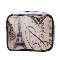 Vintage Scripts Floral Scripts Butterfly Eiffel Tower Vintage Paris Fashion Mini Travel Toiletry Bag (one Side) by chicelegantboutique