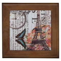 Vintage Clock Blue Butterfly Paris Eiffel Tower Fashion Framed Ceramic Tile by chicelegantboutique