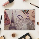 White Peacock Paris Eiffel Tower Vintage Bird Butterfly French Botanical Art Cosmetic Bag (Large) Front