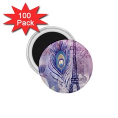 Peacock Feather White Rose Paris Eiffel Tower 1 75  Button Magnet (100 Pack) by chicelegantboutique