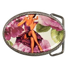 Cute Purple Dress Pin Up Girl Pink Rose Floral Art Belt Buckle (oval) by chicelegantboutique