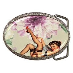 Gil Elvgren Pin Up Girl Purple Flower Fashion Art Belt Buckle (oval) by chicelegantboutique