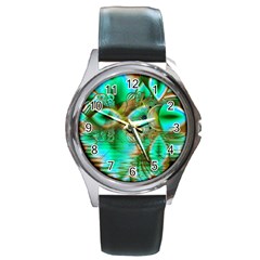 Spring Leaves, Abstract Crystal Flower Garden Round Leather Watch (silver Rim) by DianeClancy