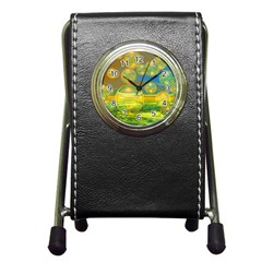 Golden Days, Abstract Yellow Azure Tranquility Stationery Holder Clock by DianeClancy