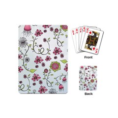 Pink Whimsical Flowers On Blue Playing Cards (mini) by Zandiepants