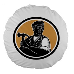 Carpenter Holding Hammer Woodcut 18  Premium Round Cushion  by retrovectors