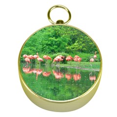 Flamingo Birds At Lake Gold Compass by yoursparklingshop