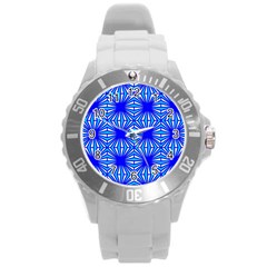 Retro Blue Pattern Round Plastic Sport Watch (l) by ImpressiveMoments