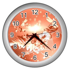 Amazing Flowers With Dragonflies Wall Clocks (silver)  by FantasyWorld7