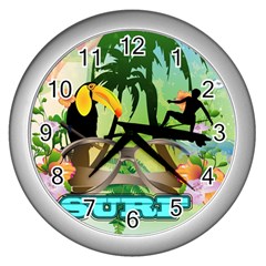 Surfing Wall Clocks (silver)  by FantasyWorld7