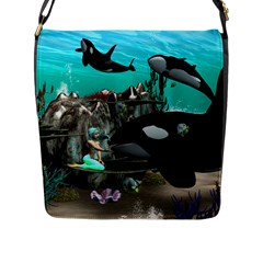 Cute Mermaid Playing With Orca Flap Messenger Bag (l)  by FantasyWorld7