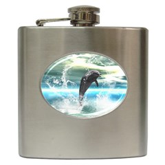 Funny Dolphin Jumping By A Heart Made Of Water Hip Flask (6 Oz) by FantasyWorld7