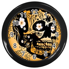 Sugar Skull In Black And Yellow Wall Clocks (black) by FantasyWorld7