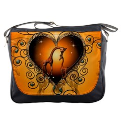 Funny Cute Giraffe With Your Child In A Heart Messenger Bags by FantasyWorld7