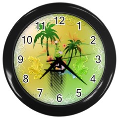 Surfing, Surfboarder With Palm And Flowers And Decorative Floral Elements Wall Clocks (black) by FantasyWorld7