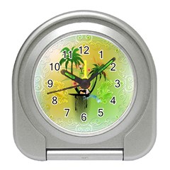 Surfing, Surfboarder With Palm And Flowers And Decorative Floral Elements Travel Alarm Clocks by FantasyWorld7