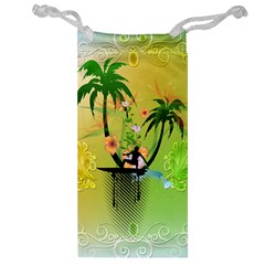 Surfing, Surfboarder With Palm And Flowers And Decorative Floral Elements Jewelry Bags by FantasyWorld7