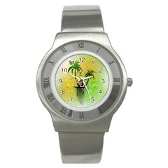 Surfing, Surfboarder With Palm And Flowers And Decorative Floral Elements Stainless Steel Watches by FantasyWorld7