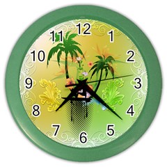 Surfing, Surfboarder With Palm And Flowers And Decorative Floral Elements Color Wall Clocks by FantasyWorld7