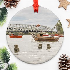 Boats At Santa Lucia River In Montevideo Uruguay Round Ornament (two Sides)  by dflcprints