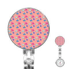 Birds Pattern On Pink Background Stainless Steel Nurses Watches by LovelyDesigns4U